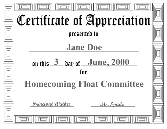 The Certificate of Appreciation is 8.5 x 11 inches with two unmarked 